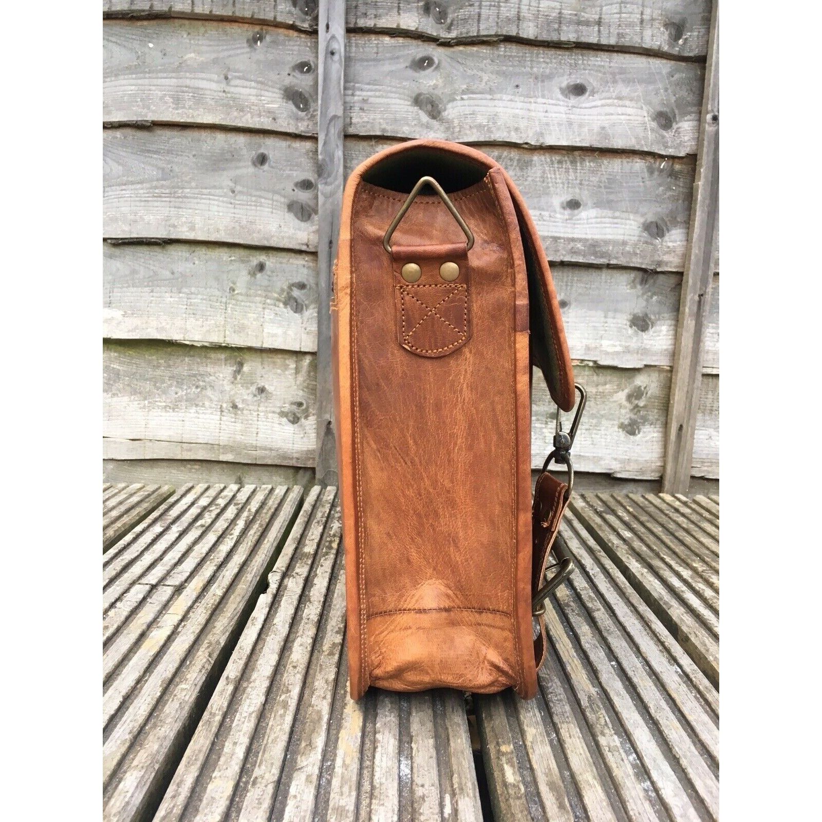 Мужская настоящая винтажная дорожная коричневая новая сумка из козьей кожи 11 x 15 x 5 — фото 5