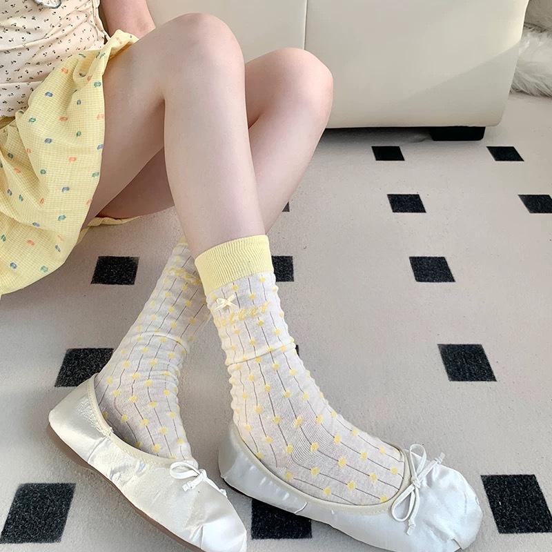 Women's Spring and Summer Thin Mid-calf Socks with Bow Polka Dot Lace White Lolita