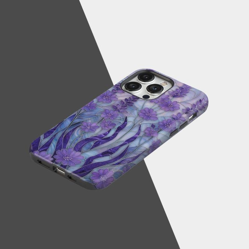Coque de téléphone Vitrail Lavande Mosaïque Florale Jardin Coque de téléphone compatible pour iPhone 17 Air 16 15 14 13 12 Pro Max Plus Double couche