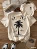 Casual Retro Shortsleeved Tshirt Palm Tree And Sun Pattern Round Neck Light For Summer Beach Outing Summer Casual Wear
