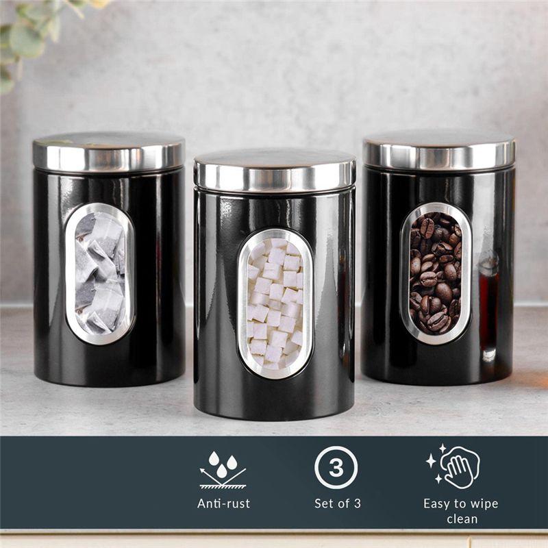 J1UL1N 3 PCS Kitchen Canister Set Black Stainless Steel Suitable For Sugar, Tea, Coffee, Etc -Multi Food Storage Jars
