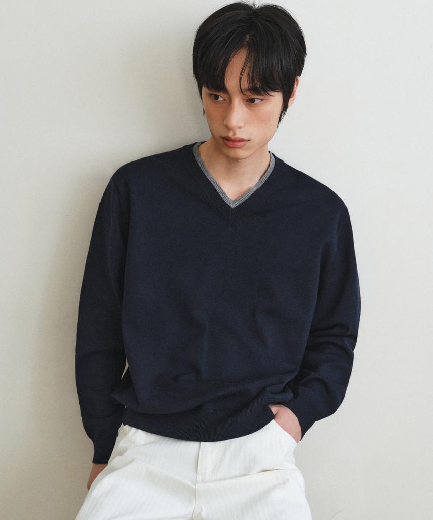 Wednesday Oasis Washable Double Layered V-Neck Knit_Navy(Wc26Kn34)