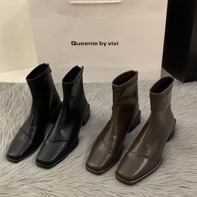New  Elastic Socks Boots Ladies Fashion Ankle Boots High Heel Thicks Heel Square Toe Short Boots Women Retro Zipper Booties