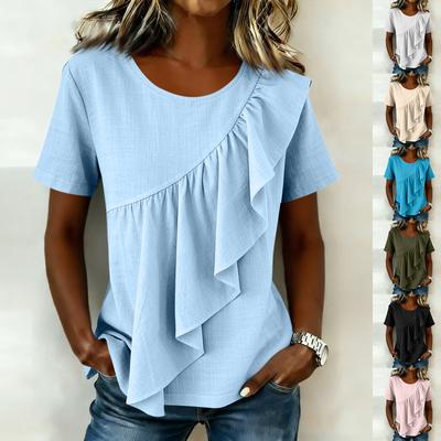 Women’s Round Neck Short Sleeve Ruffle Hem Irregular Loose Fit Blouse Casual Lightweight Summer Top Pullover Shirt