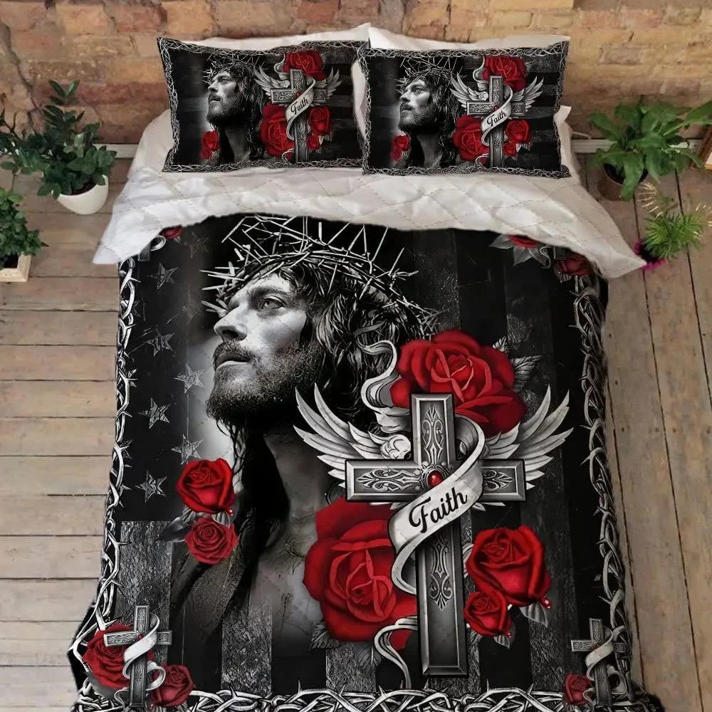 Christian Cross Jesus Duvet Cover Set Faith Over Fear Bedding Set 3D All Over Religion Comforter Cover Set Quilt Cover King Size