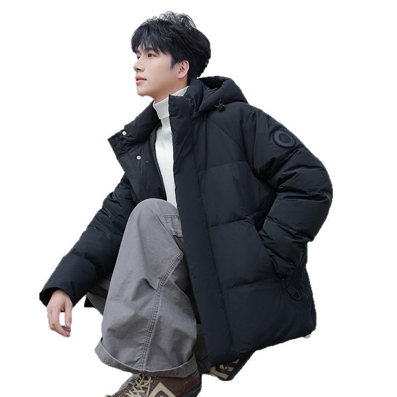 Men's 2025 Winter Hooded Down Jacket - Color Block, Zipper Pockets, Thick, Loose Fit, 90% White Duck Down.