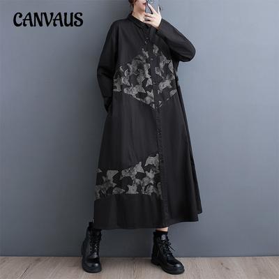 Spring and Autumn Women's Dress Plus Size Literary Fashion Irregular Color Collision Long Sleeve Shirt Dress Casual Single Breasted Dresses