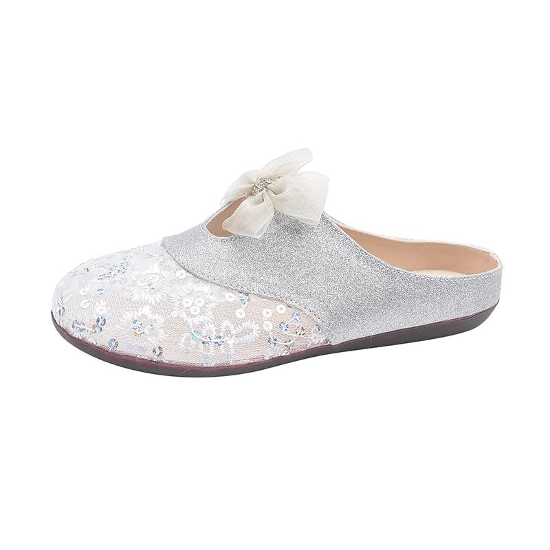 Fashion 2025 New Closed Toe Women's Slippers Fashion Sequins New Mesh Plus Size Summer Outdoor Soft Bottom Butterfly-knot Flat Slippers