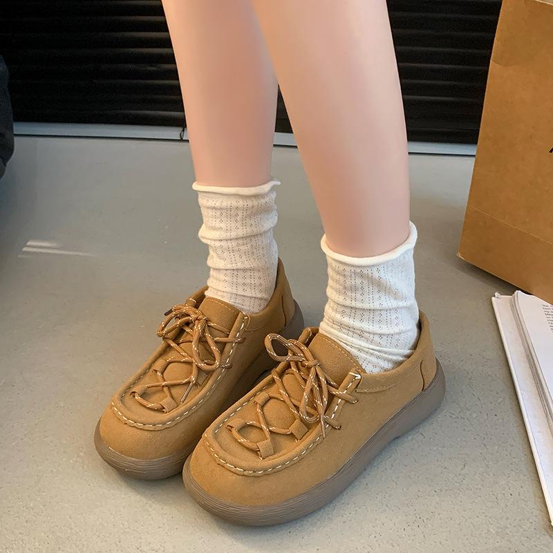 2025 spring and autumn new casual flat women's shoes imitation leather round head lace-up versatile women's single shoes loafer shoes tide