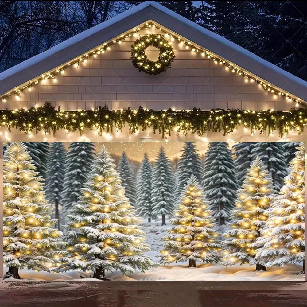 Merry Christmas Garage Door Background Banner Xmas Tree Gift Santa Claus Backdrop Winter Christmas Party Outdoor Wall Decoration
