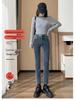 Damen Jeans Herbst/Winter 2023 - High-Waist, Gerade Beine, Mit Samt gefüttert, Lockerer Schnitt, Schlankmachend, Elastisch, Zigaretten-Stil, Neun-Punkt-Länge