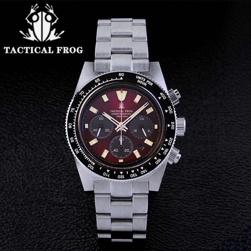 Tactical Frog 41mm Men's Chronograph Watch VS75 Solar Quartz Movement Waterproof Sapphire Green C3 Luminous Quartz Wristwatch