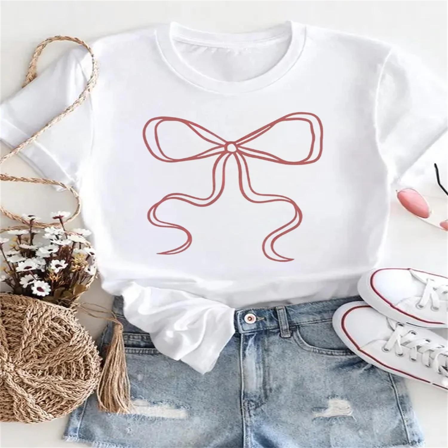 

Casual 90s Short Sleeved Printed Fashion Bow Pattern T-Shirt Summer Cute Fashion Basic Top Printed New Women s Simple T-Shirt XXXXXL білий