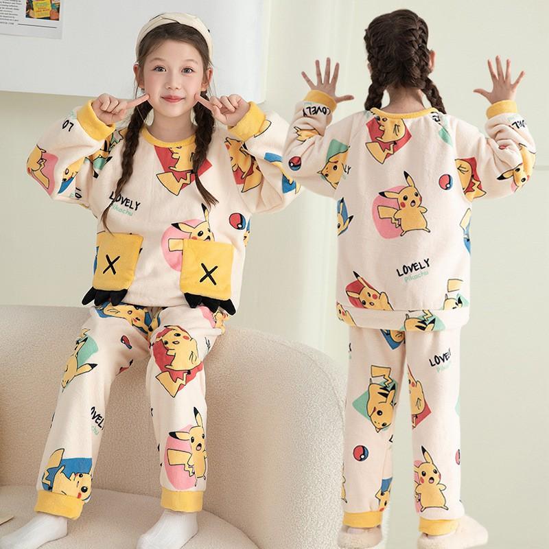 Girls Flannel Pajama Set Cartoon Print Long Sleeve Sleepwear Kids 8 Years Winter Home Outfit