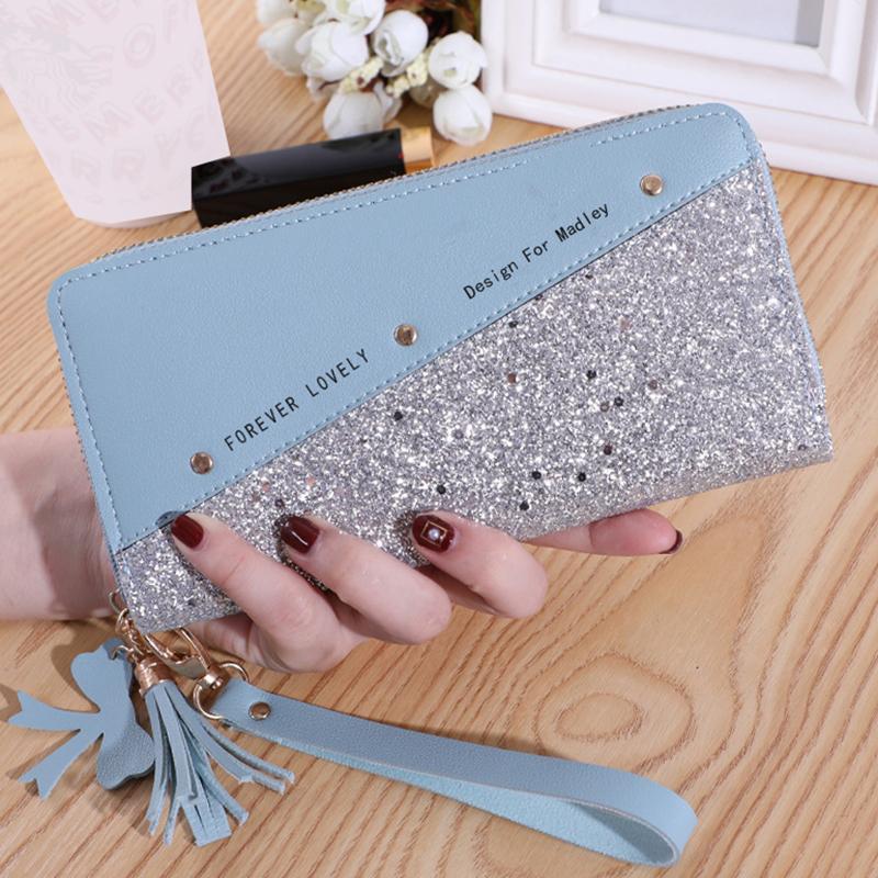 Glitter Shining Wallet  Long Women's Zipper Wallet - Korean Splicing, Color Contrast, Tassel, and Rivet Details