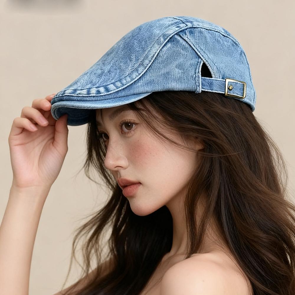 Retro Denim Newsboy Cap Adjustable Forward Flat Hat, Casual Versatile Face Slimming Artist Beret Hat for Men Women