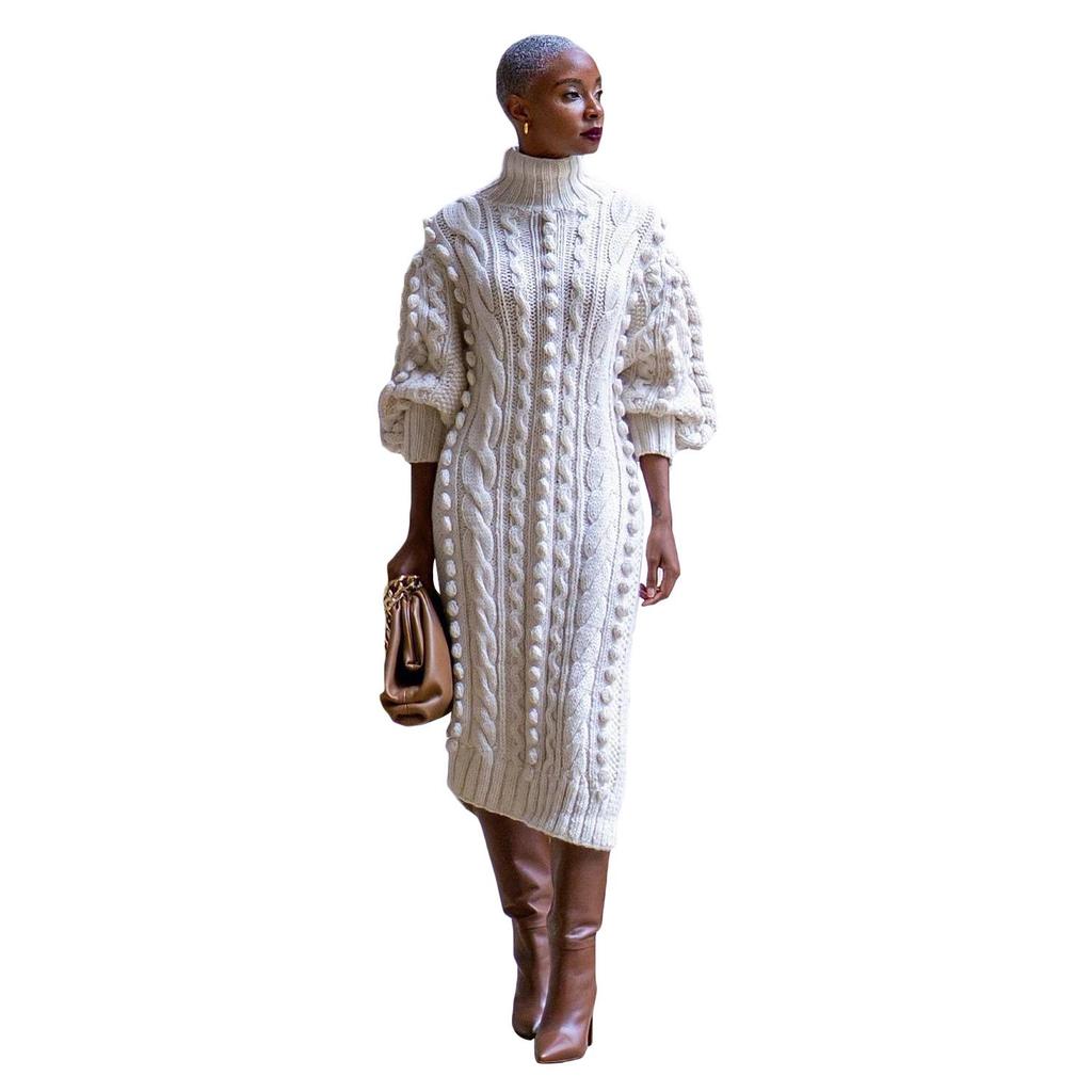 European & American Women's High Neck Knitted Slit Dress