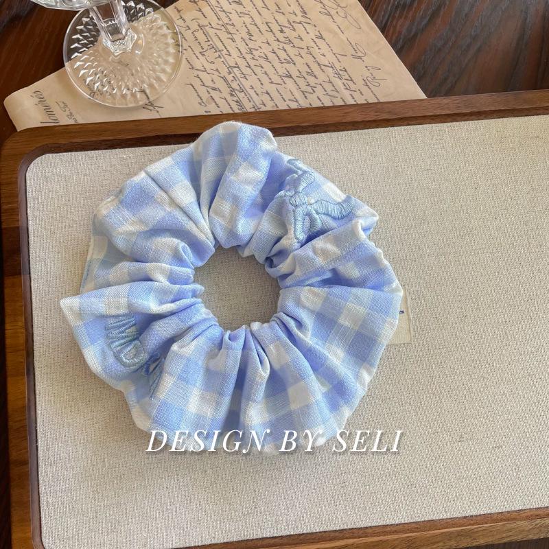 College Style Plaid Bow Hair Tie - Elegant Candy Color Embroidered Scrunchie for Women