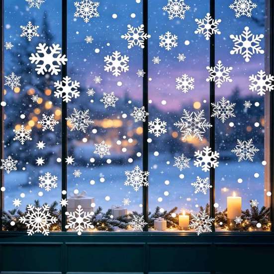 Reusable Holiday Window Clings 3PCS Christmas Snowflake Static Stickers, Cling Decals, PVC Winter Decorations Home Decoration for Glass Windows
