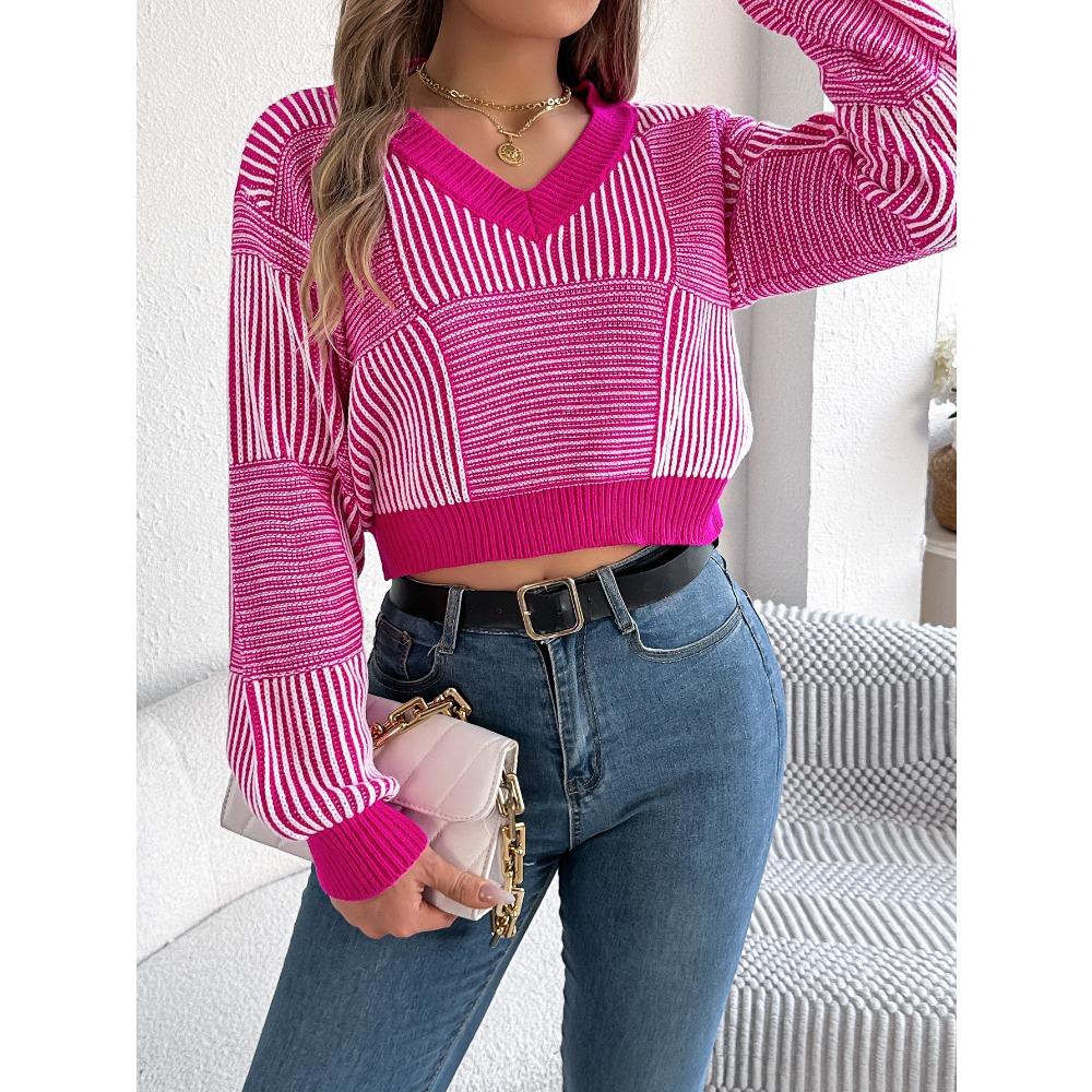 Women's Sweatshirt - Autumn/Winter Casual Striped Bell-Sleeve Pullover Cropped Knitwear