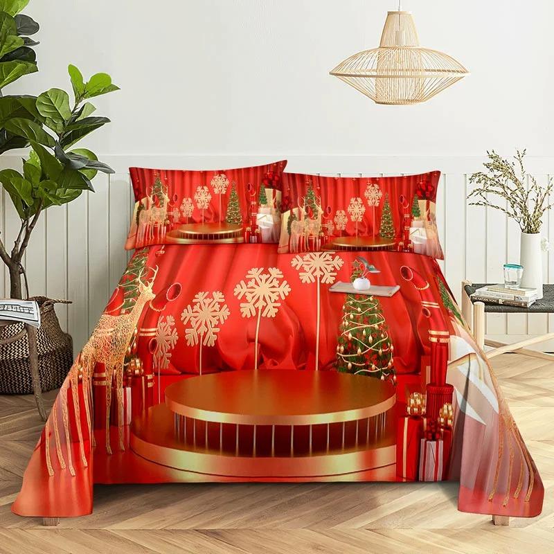 Merry Christmas Bed Sheet Set with Pillowcase 3D Print Santa Claus Home Decor New Year King Queen Full Size Red Bed Flat Sheet