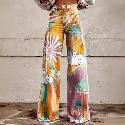 Women's Mid Rise 3D Graphic Print Flared Pants Vintage Hippie Pattern Imitation Denim Long Bell Bottom Trousers