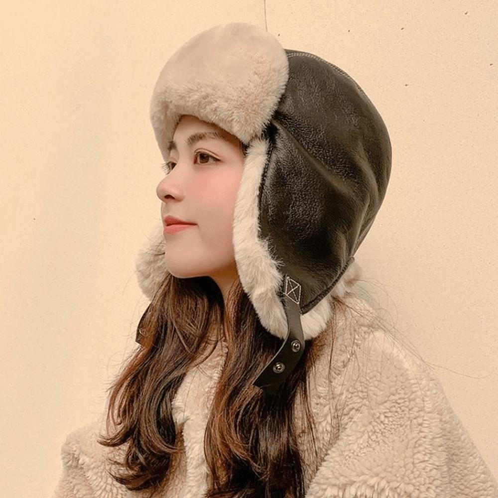 Windproof Warm Ski Hat Pu Leather Cycling Lei Feng Hat Casual Winter Pilot Hat  Skiing