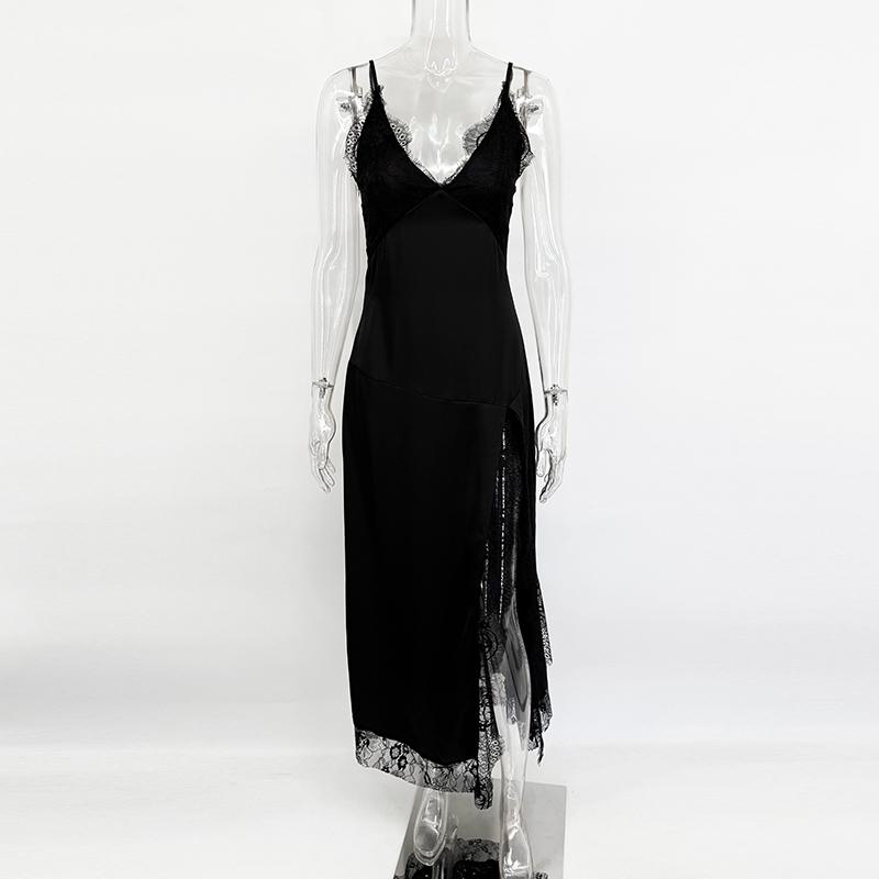 Lace Splice Slit Dress For Women Sleeveless Maxi Spaghetti Strap Sexy Dresses Satin Vacation Party Bodyocn Dress Vestidos