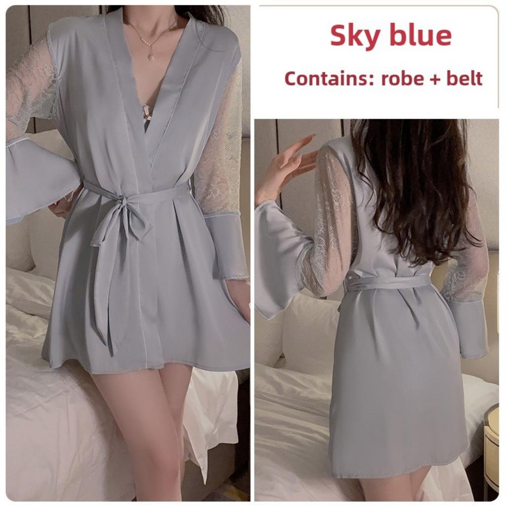 Süße Spitze Tiefes V Plus Brustpolster Sexy Neckholder Seidiger Satin Nachthemd Robe Hausset