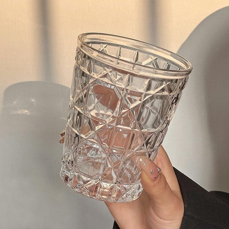 2pcs 310ml Vintage Diamond Patterned Western Wine Glass Cold Drink Water Coffee Cups Household Whiskey Beer Brandy Liquor Mugs