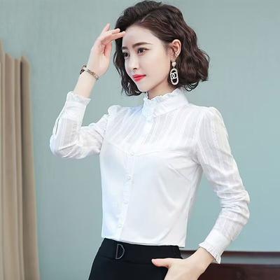 Camisa blanca nueva de primavera y otoño para mujer, de algodón, de manga larga, con cuello alto y orejas de madera, blusa ajustada con temperamento