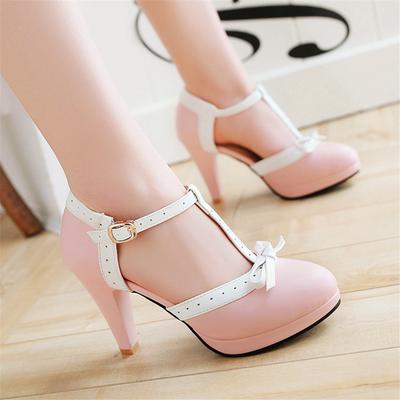 Mode Dames T-band Hoge Hakken Ronde Neus Hak Pumps Dames Platform Pumps Strik Feest Bruiloft Schoenen Chaussures de Femme Maat 33-48