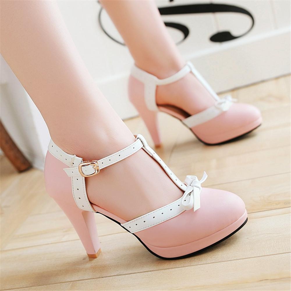 Fashion Women's T Strap High Heels Round Toe Heel Pumps Women Platform Pumps Bow Party Wedding Shoes Chaussures De Femme Size 33-48