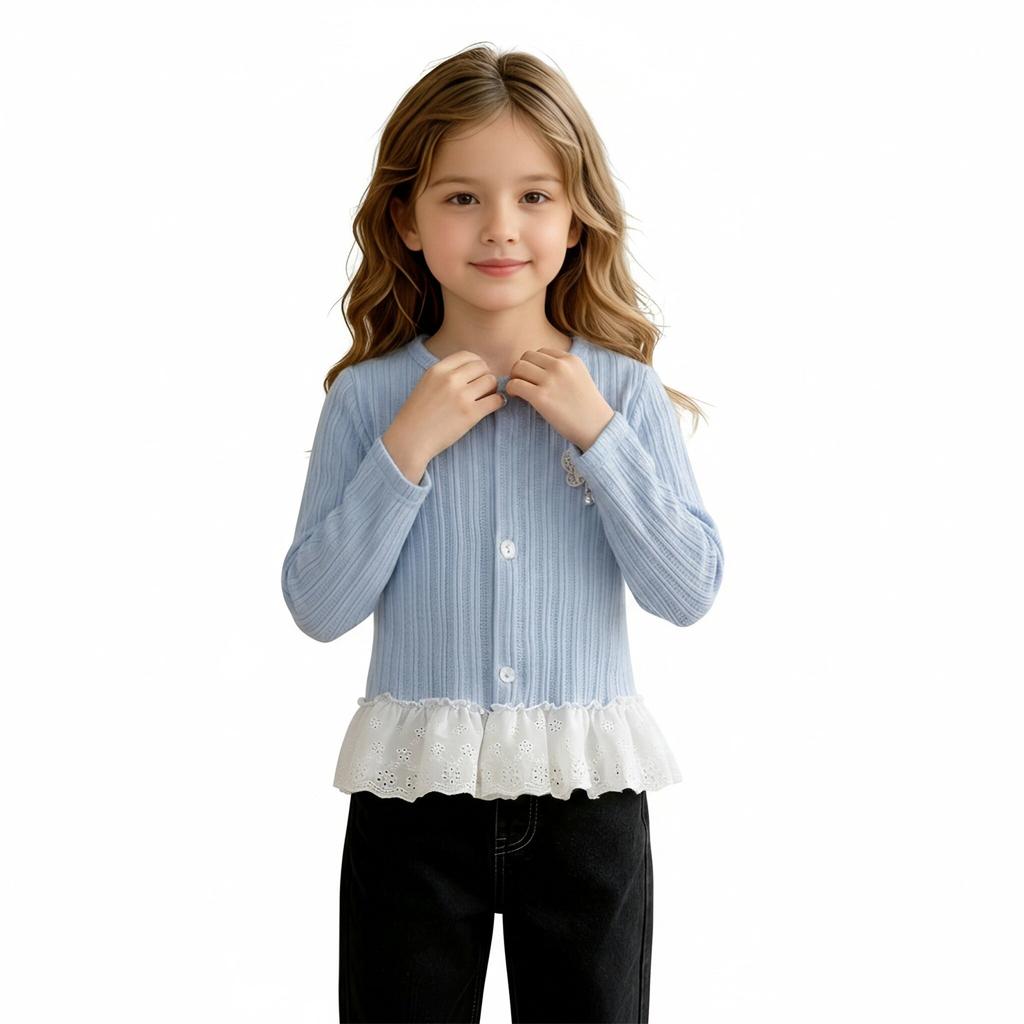 Girls Casual Long Sleeve Butterfly Design Cardigan with Lace Hem for Daily Wear
