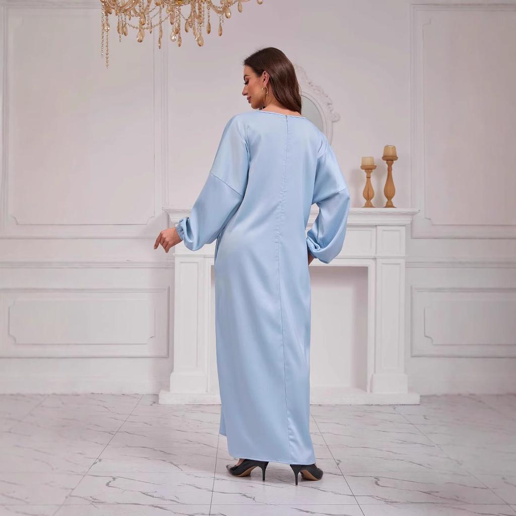 Women's Solid Color Long Sleeve Round Neck Hijab Muslim Robe