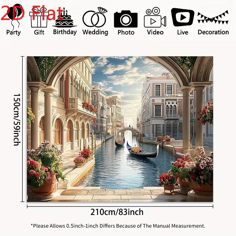 2D Venice Grand Canal View Tapestry, Italian Architecture & Flower Pots Background