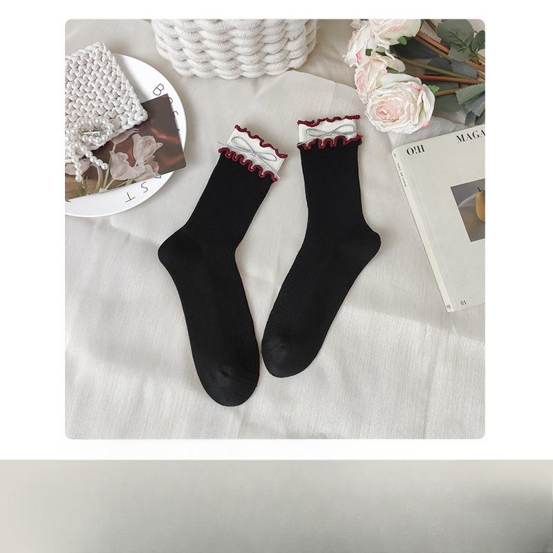 

Ankela Red Spring and Autumn Women s Mid-calf Socks with A Loose Opening and Contrasting Color, Double Buttoned Bow, and A Pile of Socks 1 pair