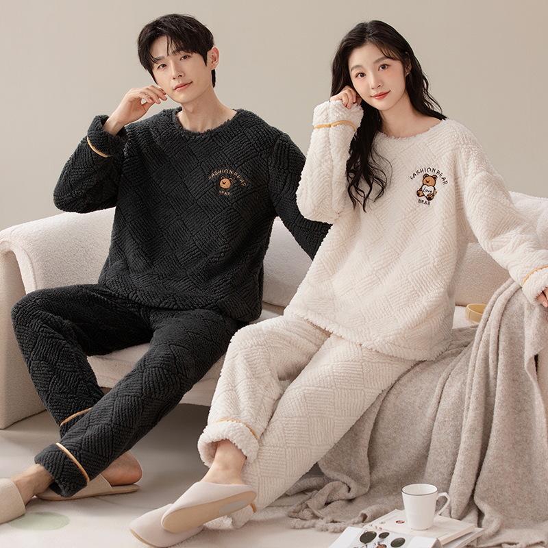 Couples' Cozy Flannel Pajama Set: Women's Plus Velvet, Men's Loose Fit, Warm Coral Fleece Homewear