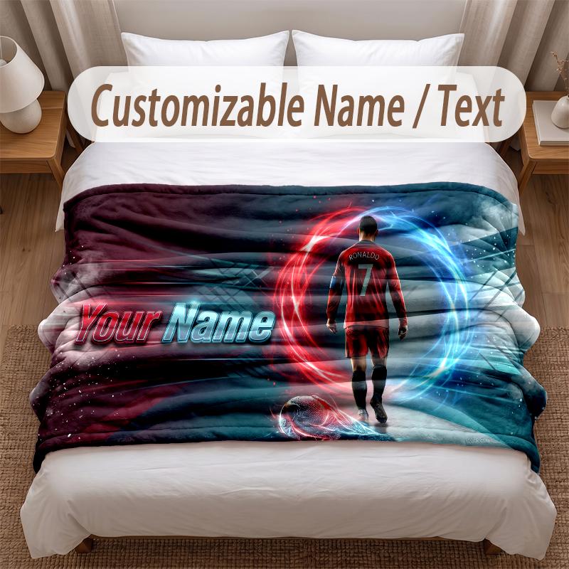 Cristiano Ronaldo Printed Flannel Blanket Custom Name Text Soft Warm Throw For Bedroom Holiday Gift