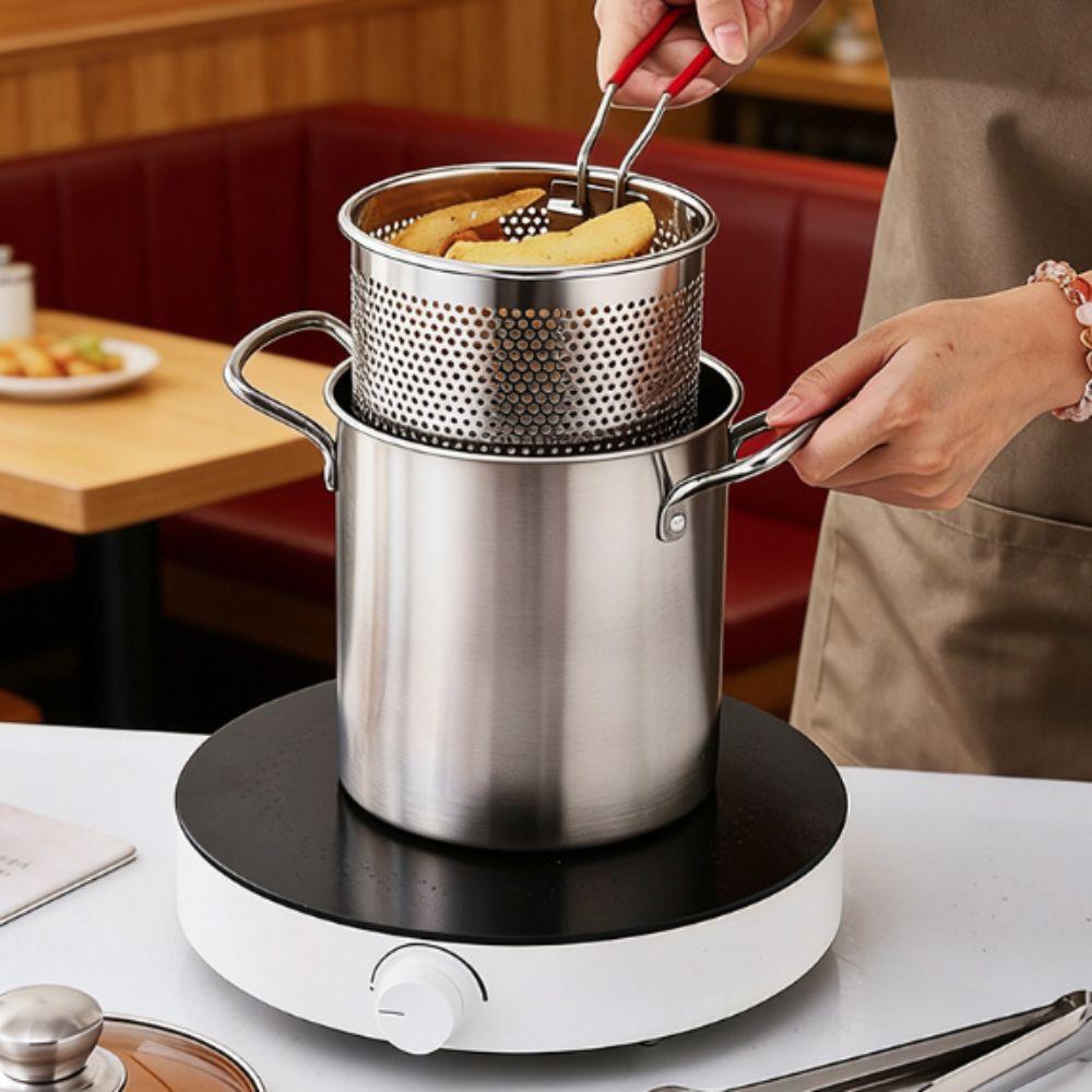 Olla Profunda Duradera de Acero Inoxidable 304 con Cesta Coladora Tapa de Vidrio Freidora Doble Asa Mini Olla para Sopa Fideos
