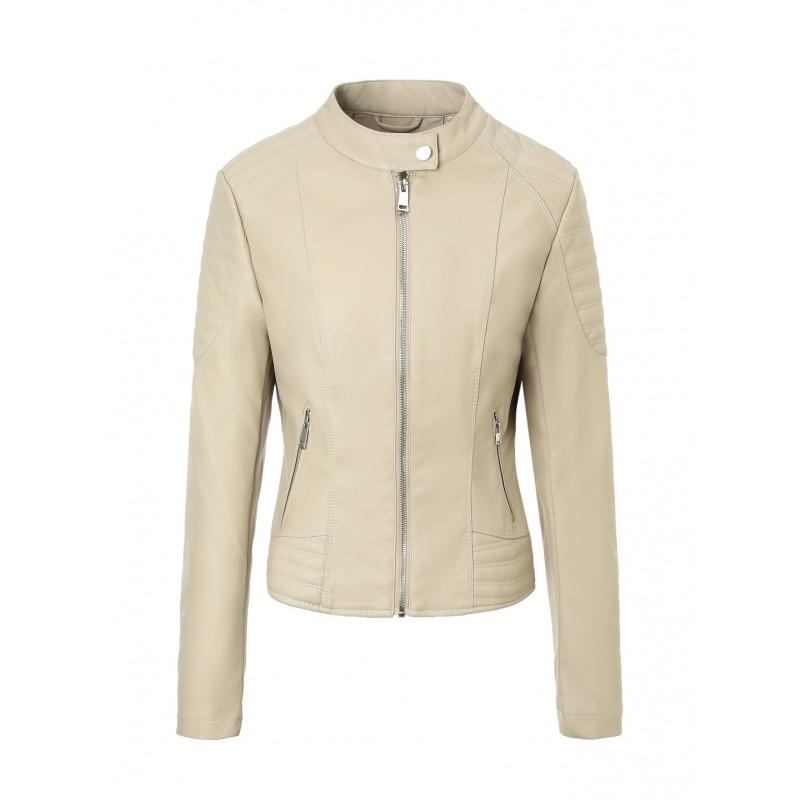 Womens Slim Fit PU Leather Jacket Stand Collar Zip Pockets Classic Streetwear