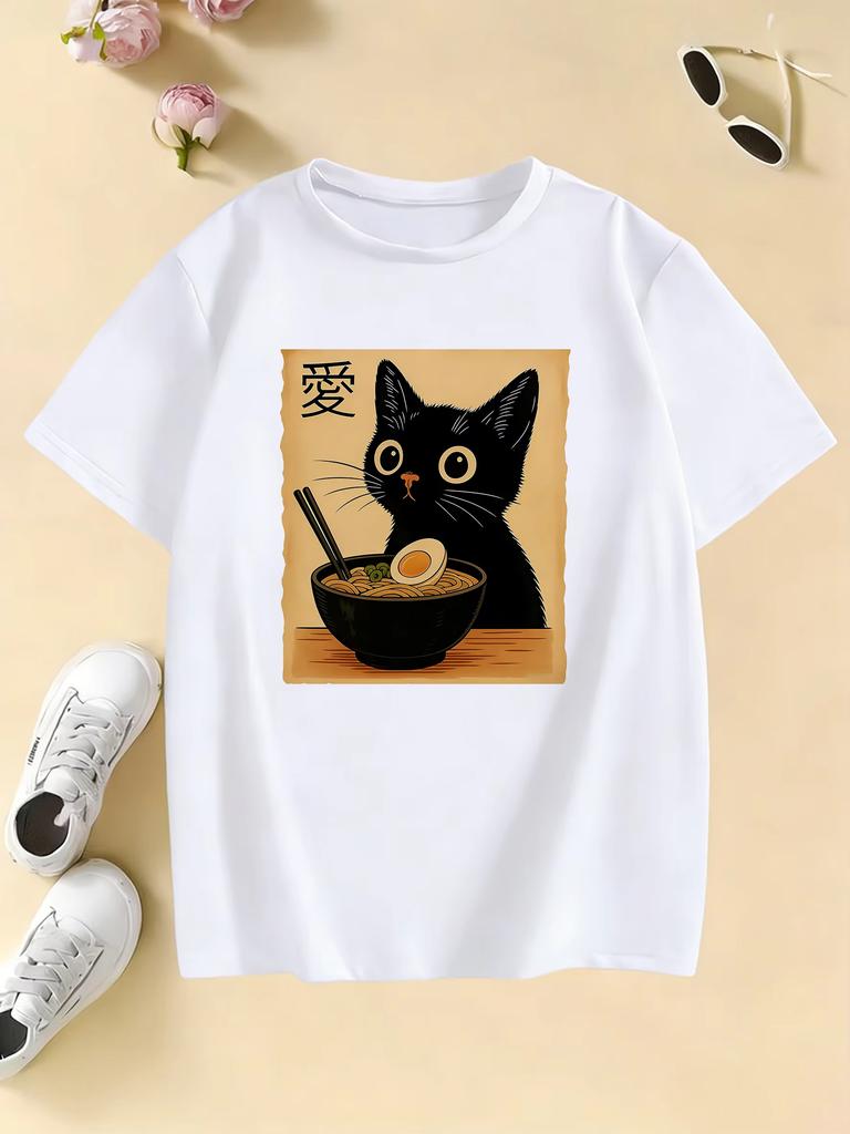 Retro Cat Kawaii Design Oil Print T Shirts Pure Cotton Unisex and Women Tshirt Casual 2026 Summer Spring Casual Top Tee