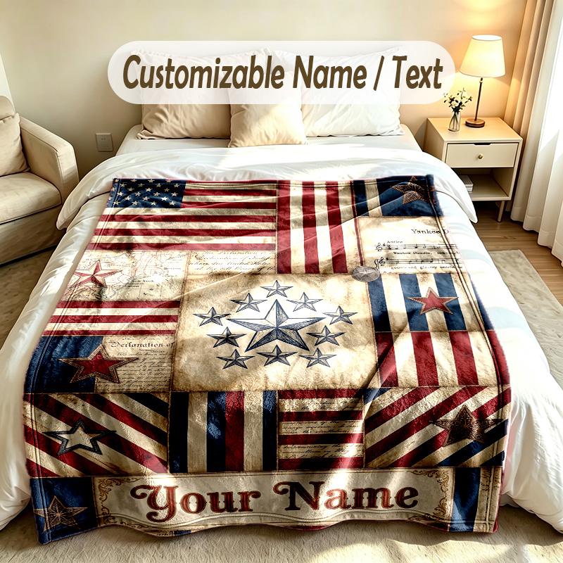 American Patriotic Theme Soft Blanket Personalized Custom Name Text Print Warm Blanket Home Sofa Bedroom Decor