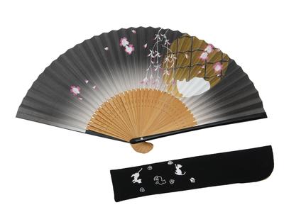 Hasegawa Katze Handgefertigt von Kyoto Schwarz mit Fächertasche und Präsentationsbox Fächer, Kunsthandwerker, Lack,