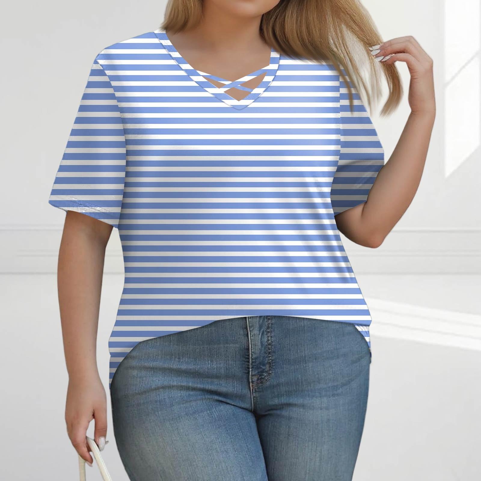 

Женская модная повседневная футболка с принтом в цветную полоску, V-образным вырезом, коротким рукавом, большого размера L