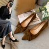Women's French Suede Bow Pointed Shoes, Light Mouth Versatile Single Shoes, Plus Fat and Widened Plus Size Women's Shoes