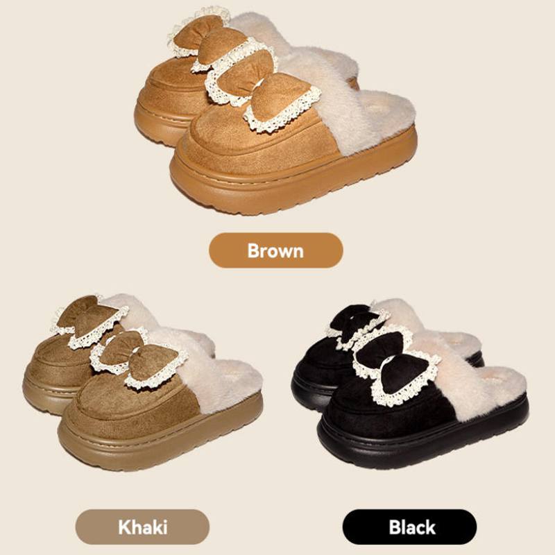 Women's Winter Fluffy Fleece Indoor Sandals Warm Room Fur Bow Slippers for Home Slip On Plush Shoes EVA Lightweight Comfort House Shoes for Bedroom