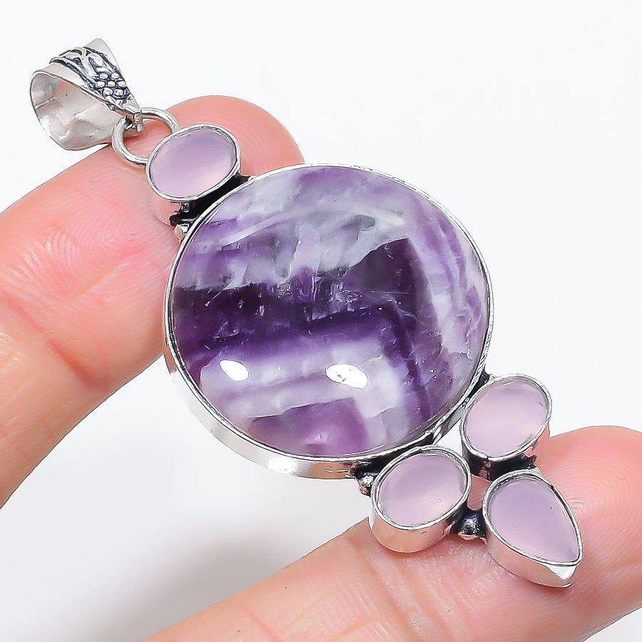 

Natural Chevron Amethyst, Chalcedony 925 Sterling Silver Pendant 2.60 K8I34