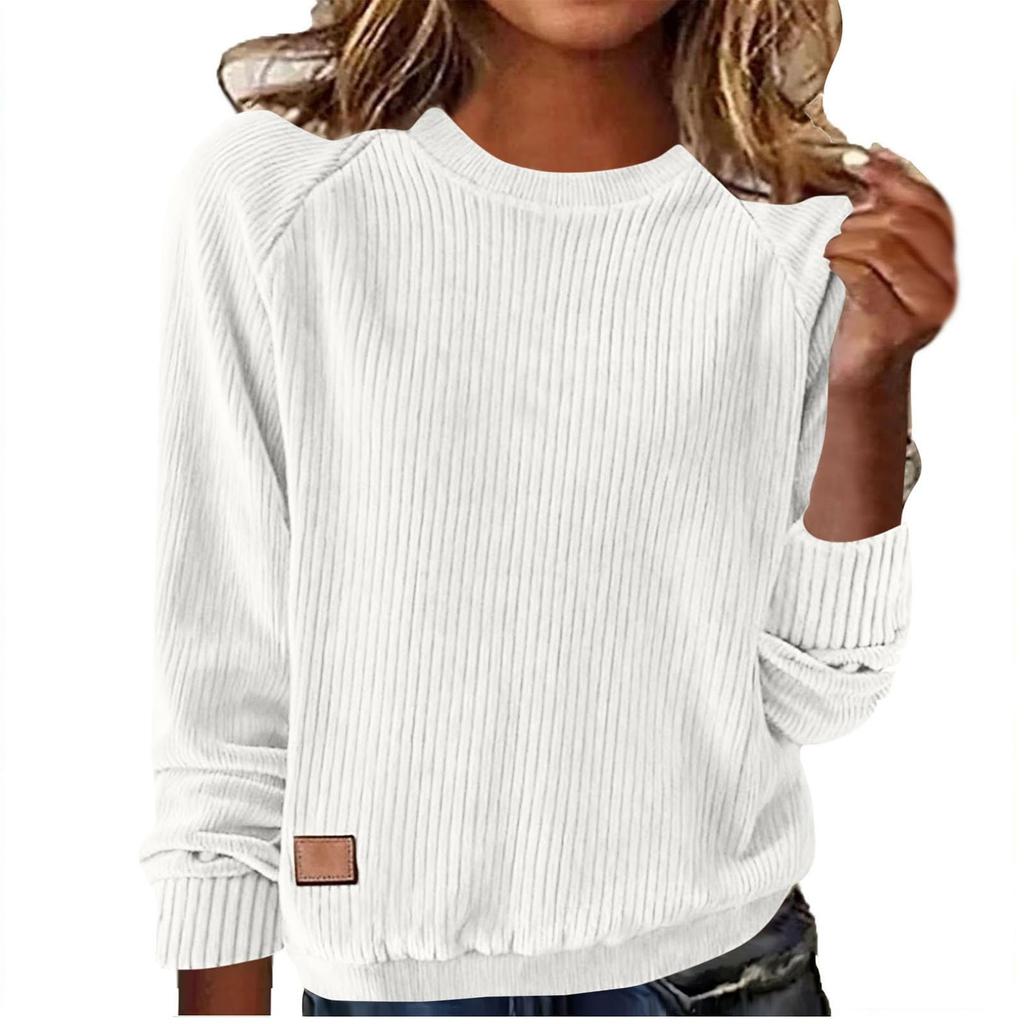 Women's Corduroy Round Neck Raglan Long Sleeve Pullover Top Color Casual