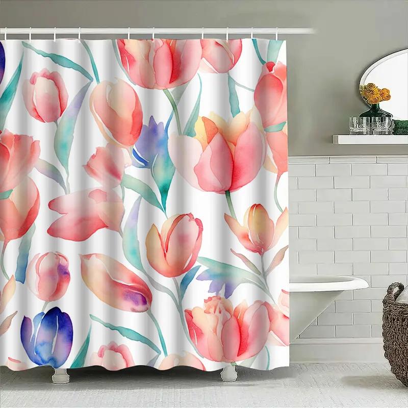 Watercolor Tulip Shower Curtain Decor For Bathroom Soft Fabric With Hooks Included In Multiple Colors